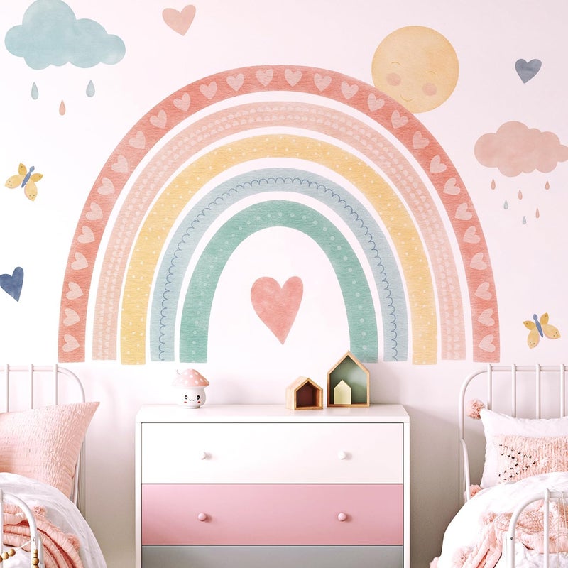 Kingarch Large Watercolor Rainbow Wall Decals, Boho Sun Clouds Peel and Stick Fabric Nursery Wall Decor, Home Room Wall Decor Murals Stickers for Kids Girls Toddler Bedroom Living Room Playroom - Image 1